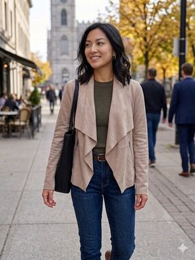 ​Bagatelle Collection Faux Suede Draped Open Front Moto Jacket - Size Large